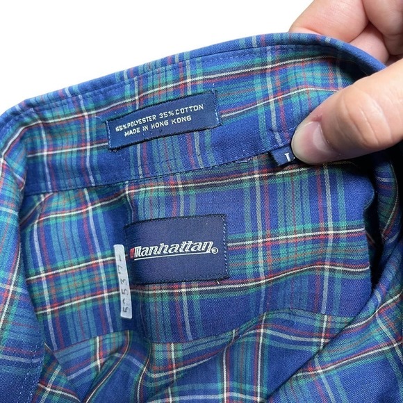 Vintage 90’s Manhattan Button Down Shirt Navy Plaid Large - Picture 6 of 6